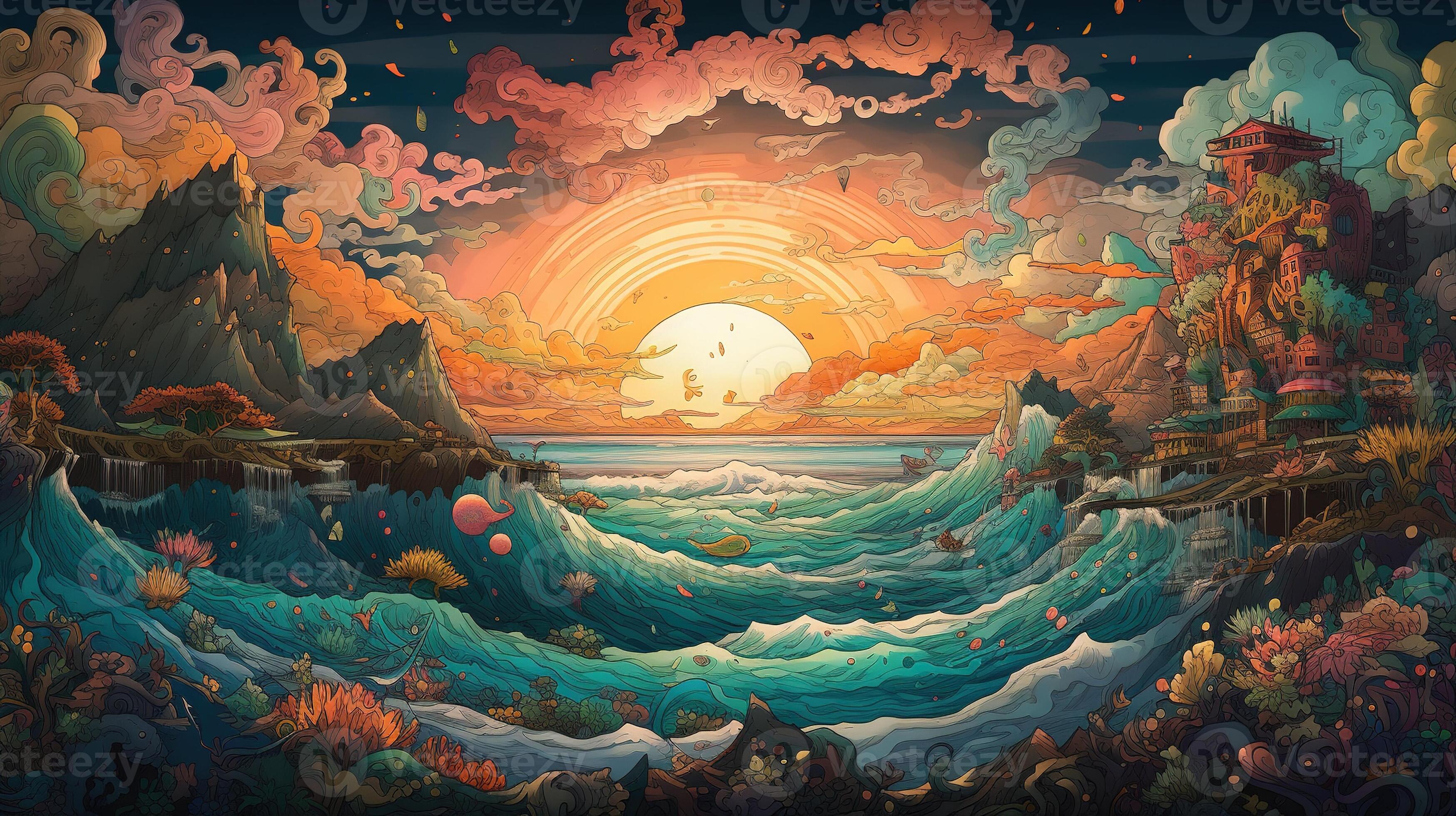 , ocean in the sunset linear illustration, psychedelic manga style