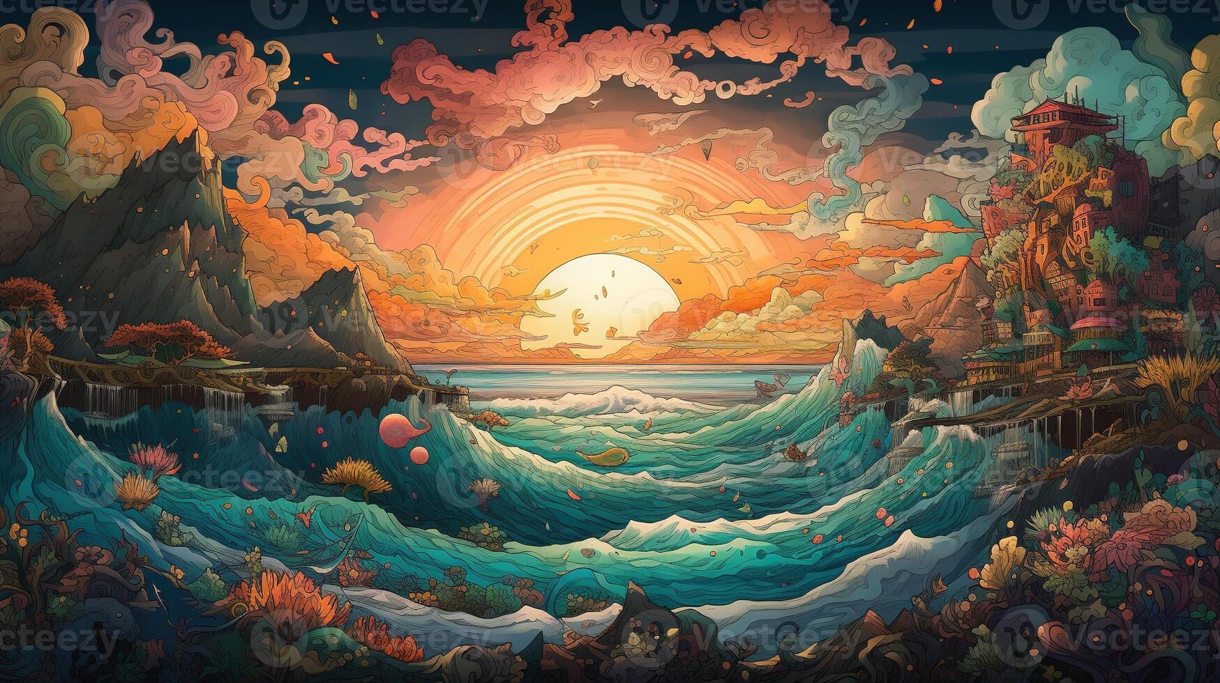 , ocean in the sunset linear illustration, psychedelic manga style, highly detailed. Anime colorful style photo