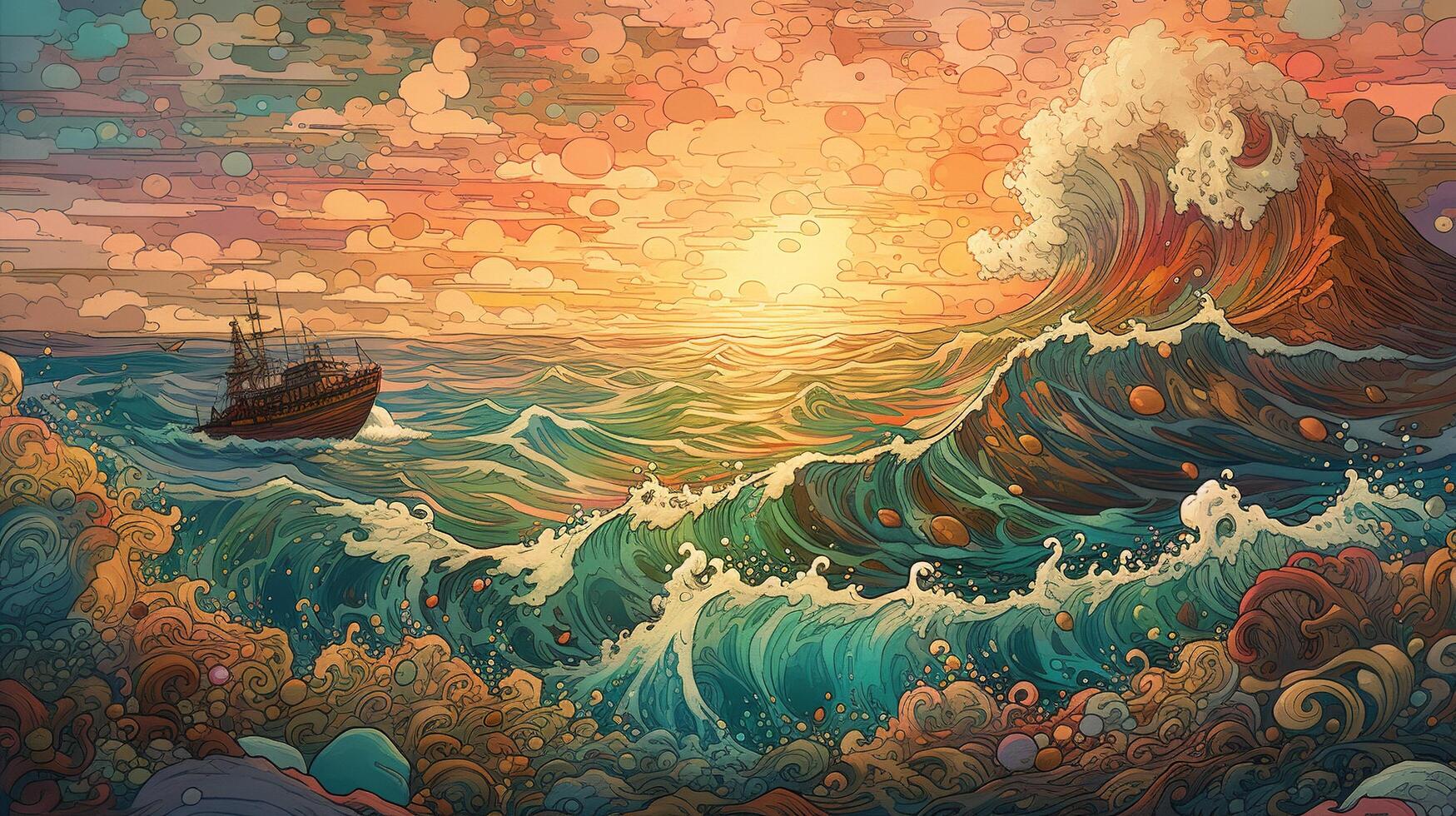 , ocean in the sunset linear illustration, psychedelic manga style, highly detailed. Anime colorful style photo