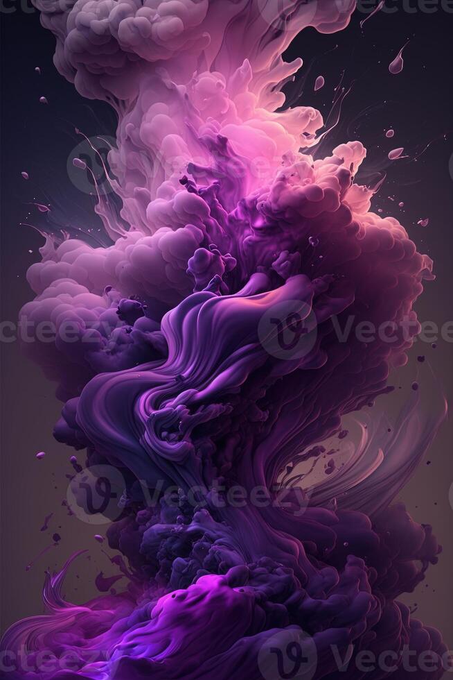 , Flowing lavender violet liquid and smoke with splashes. Bright fluid banner, 3D effect, modern macro realistic abstract vertical background illustration, ink in water effect. photo