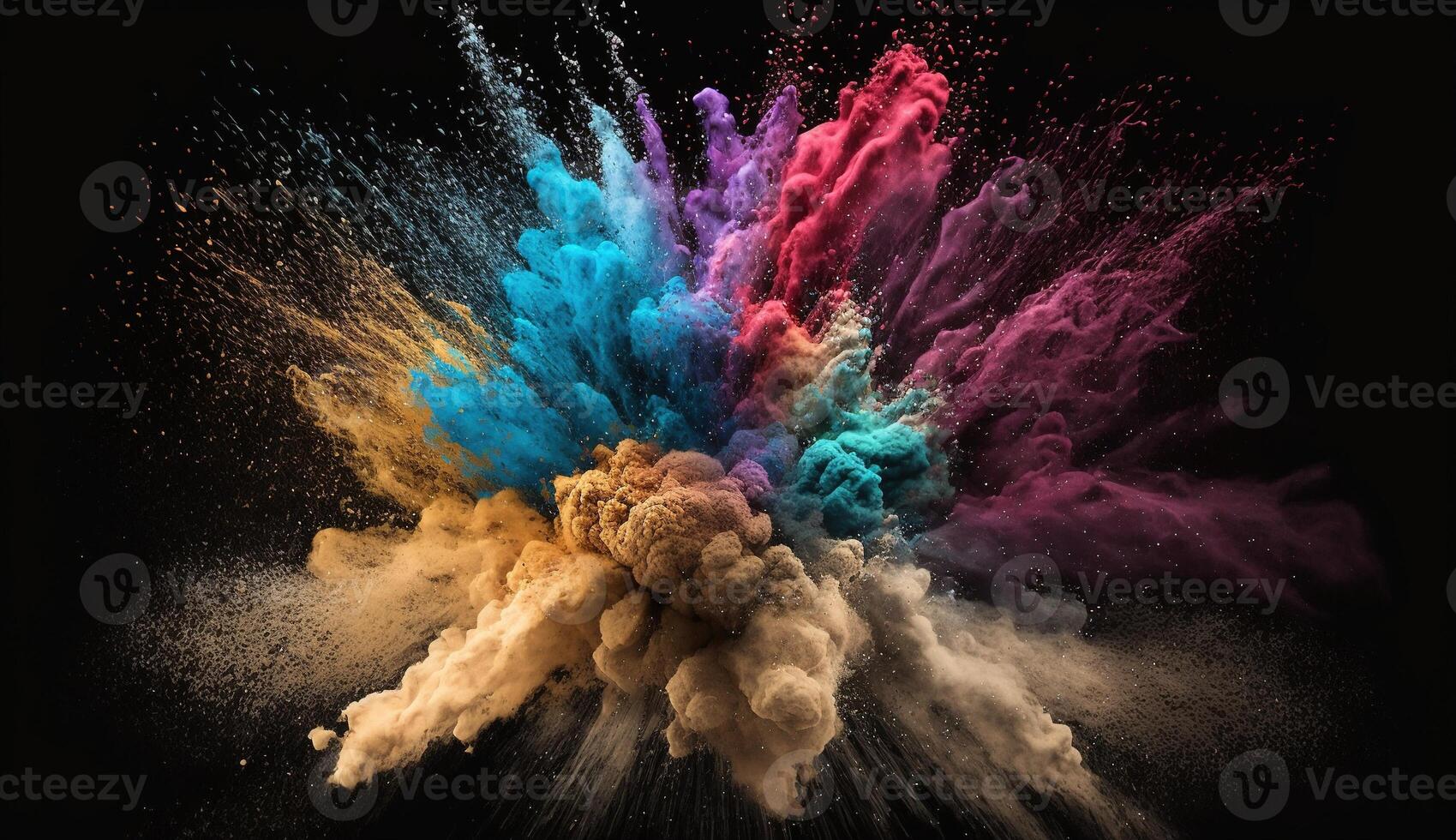 , Flowing isolated colorful sand and powder with splashes. Bright banner, 3D effect, modern macro realistic abstract background illustration, dark background.. photo