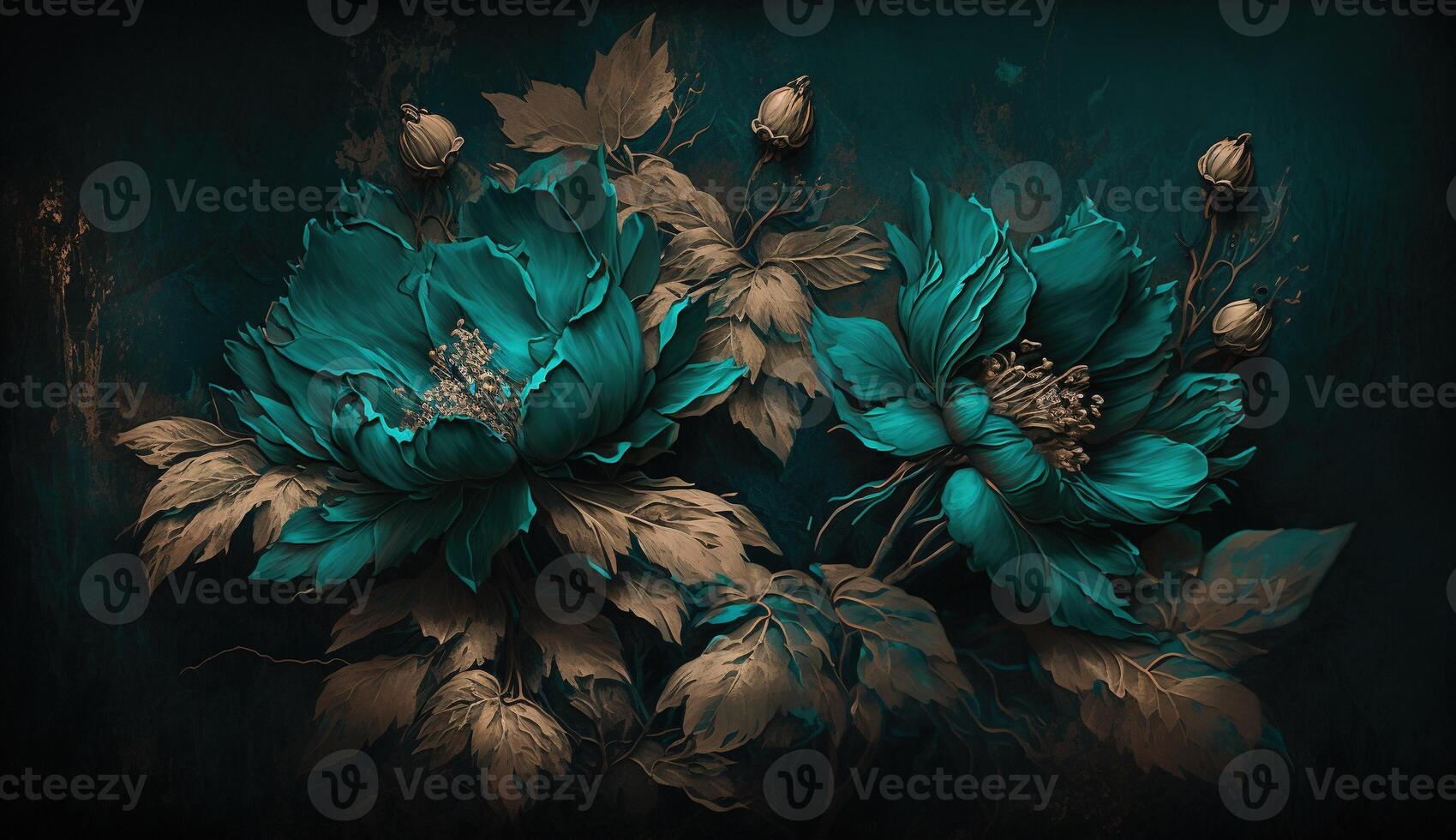 , Close up of blooming flowerbeds of amazing teal flowers on dark moody floral textured background. Photorealistic effect. photo