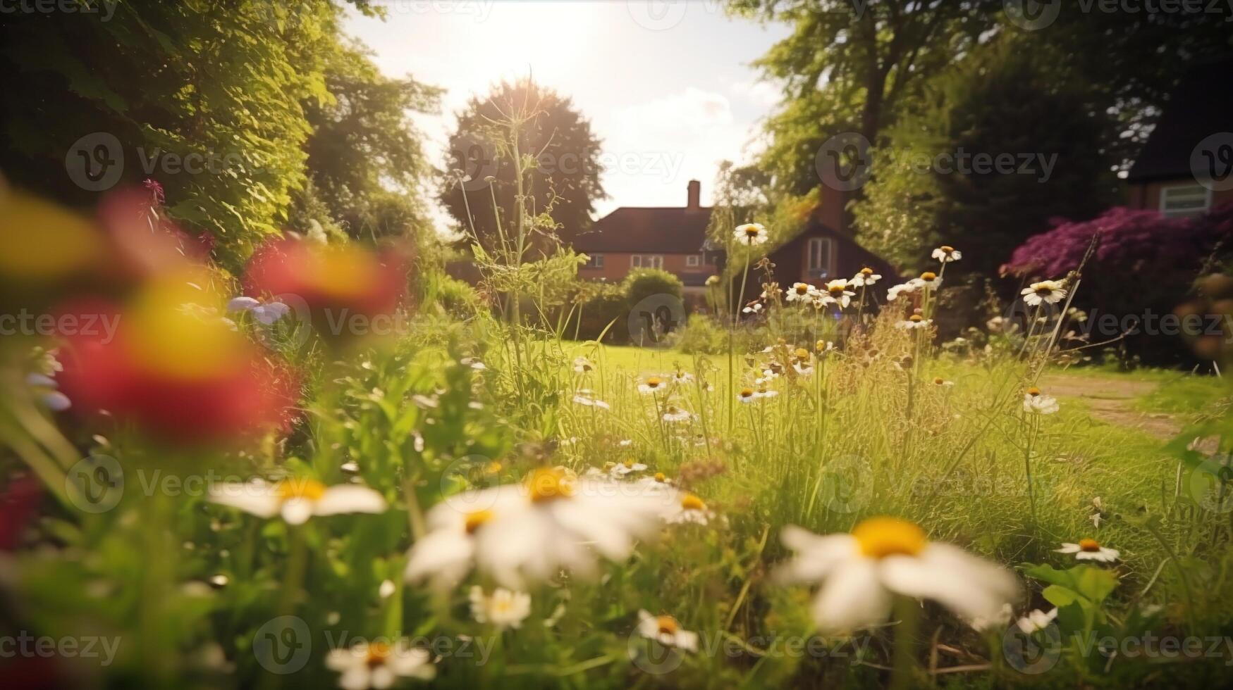 , Beautiful summer private garden with many flowers and plants, nature landscape, english countryside cottage style photo