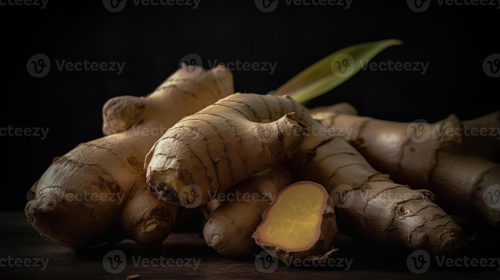 , ginger root spice photorealistic illustartion on dark background. photo