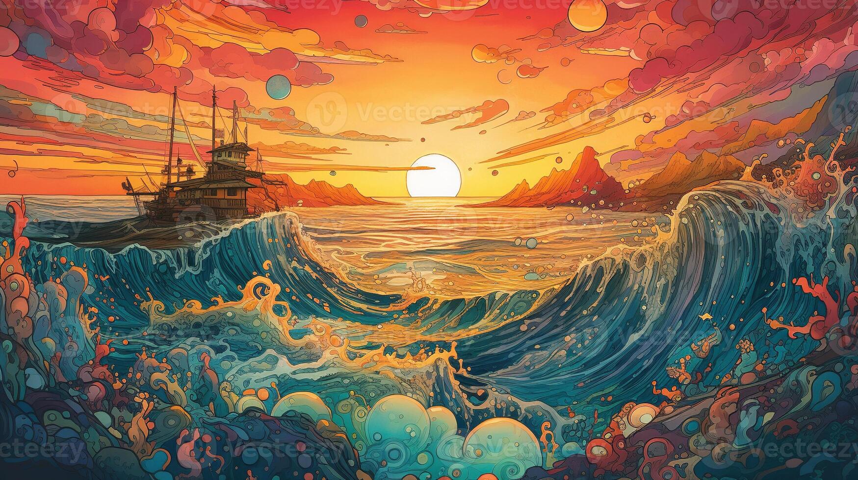 , ocean in the sunset linear illustration, psychedelic manga style, highly detailed. Anime colorful style photo