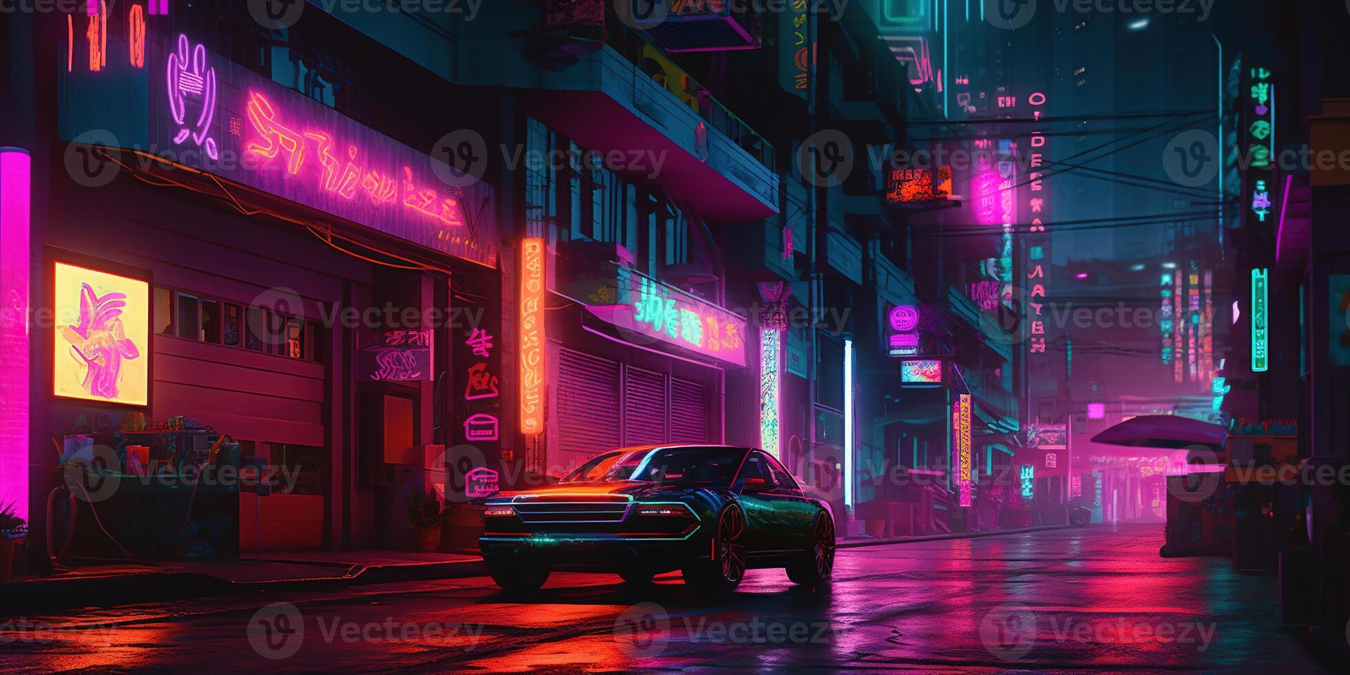 generativo ai, noche escena de después lluvia ciudad en cyberpunk estilo, futurista nostálgico años 80, años 90 neón luces vibrante colores, fotorrealista horizontal ilustración. foto