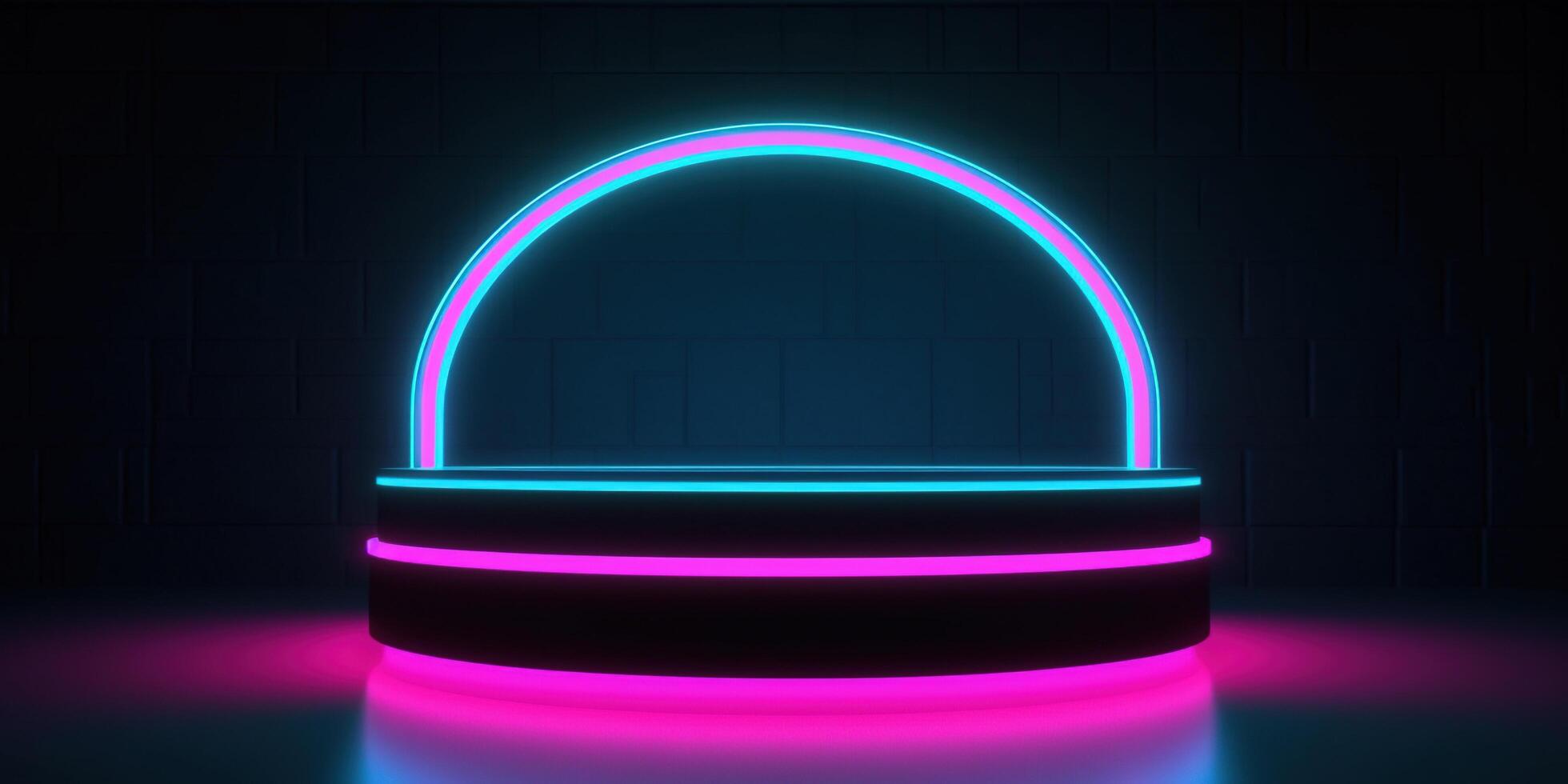 , Sci-Fi Futuristic neon glowing banner with podium. Abstract cyberpunk background for promotion goods. Mockup template photo