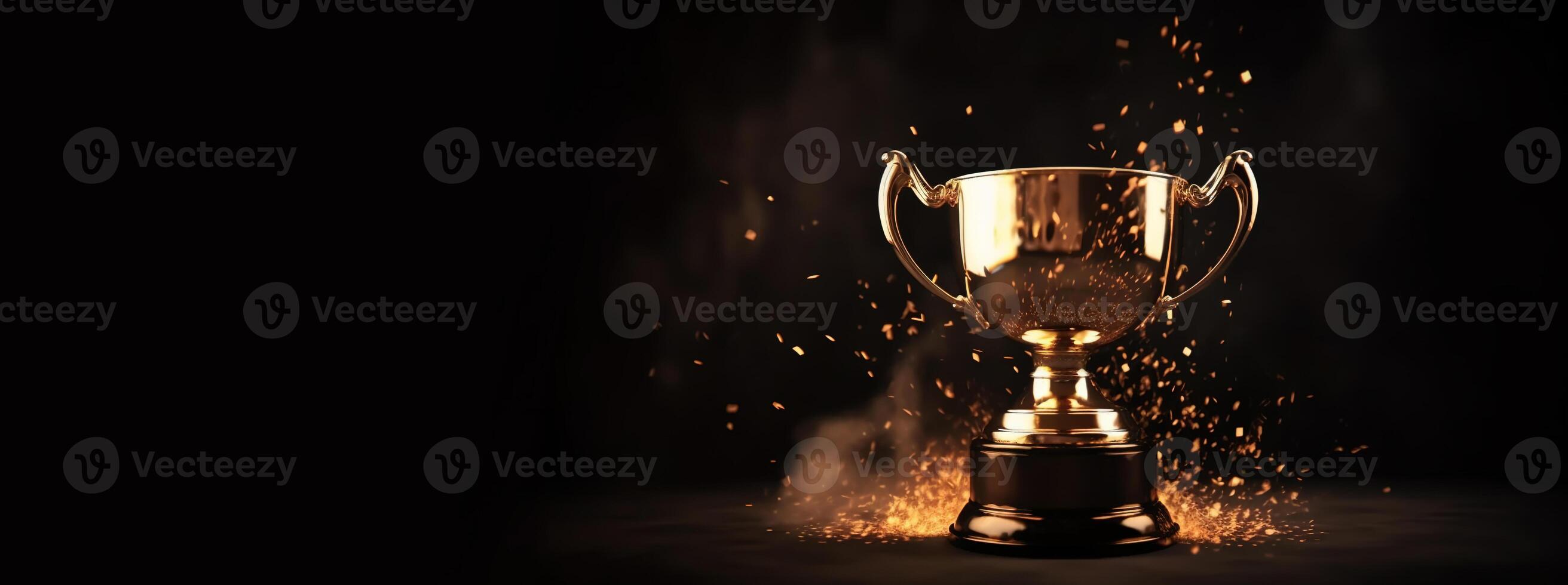 , Winner trophy with flames, golden champion cup with falling confetti on dark background photo