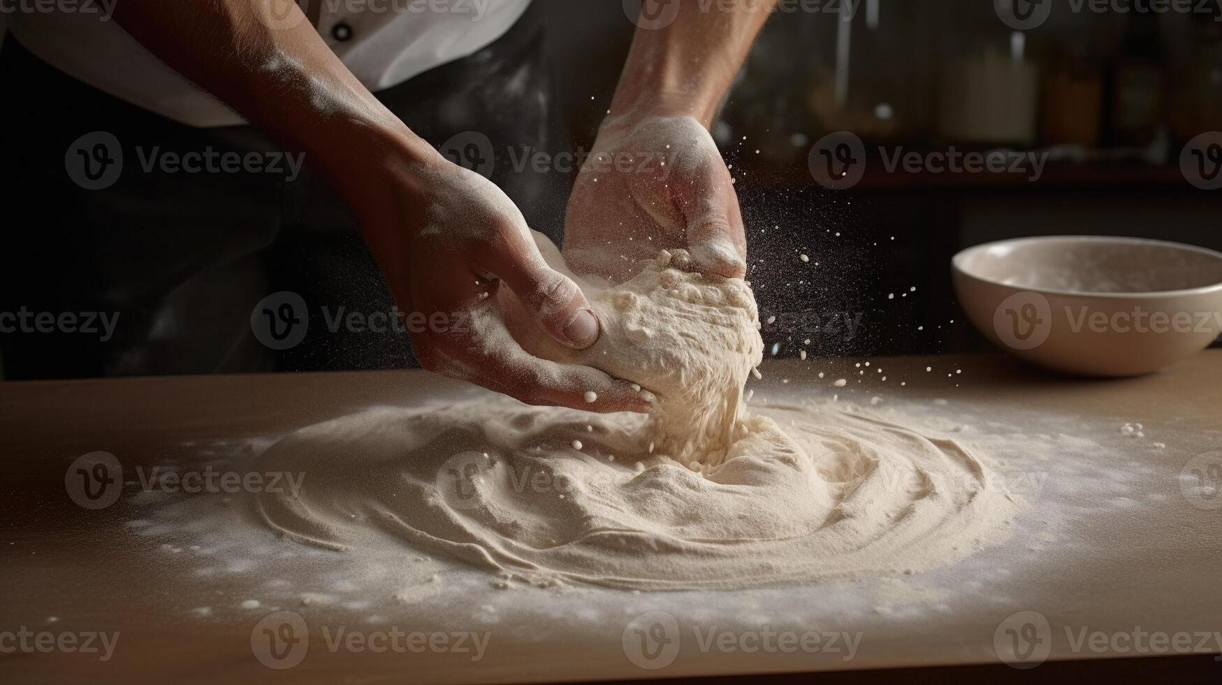 , Hands of baker in restaurant or home kitchen, prepares ecologically natural pastries photo