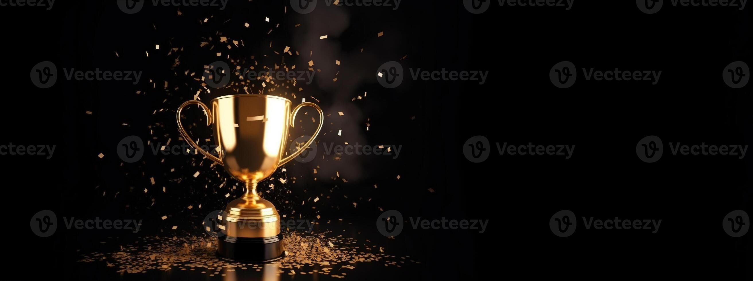 , Winner trophy with flames, golden champion cup with falling confetti on dark background photo