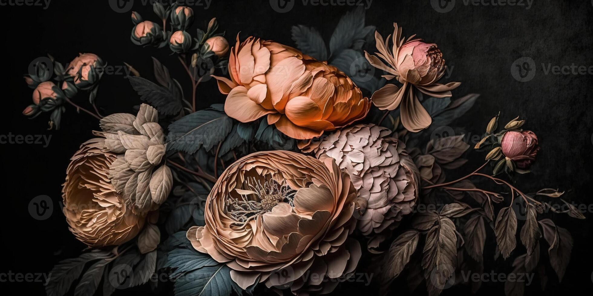 , Close up of blooming flowerbeds of amazing apricot orange color flowers on dark moody floral textured background. Photorealistic effect. photo