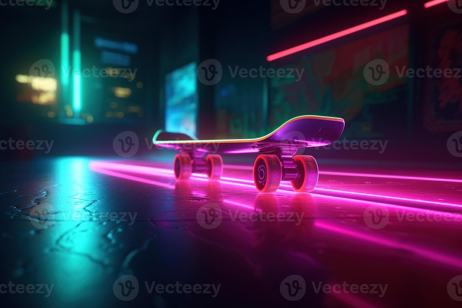 , skate board in cyberpunk style, disco nostalgic 80s, 90s. Neon night lights vibrant colors, photorealistic horizontal illustration of the futuristic city. Sport activity concept. photo