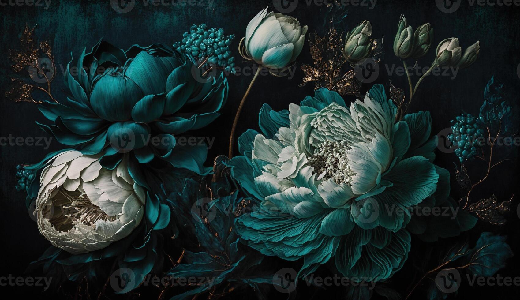 , Close up of blooming flowerbeds of amazing teal flowers on dark moody floral textured background. Photorealistic effect. photo