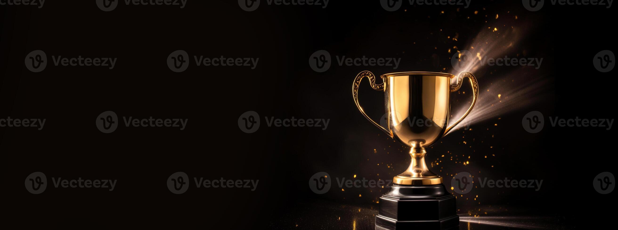 , Winner trophy with flames, golden champion cup with falling confetti on dark background photo
