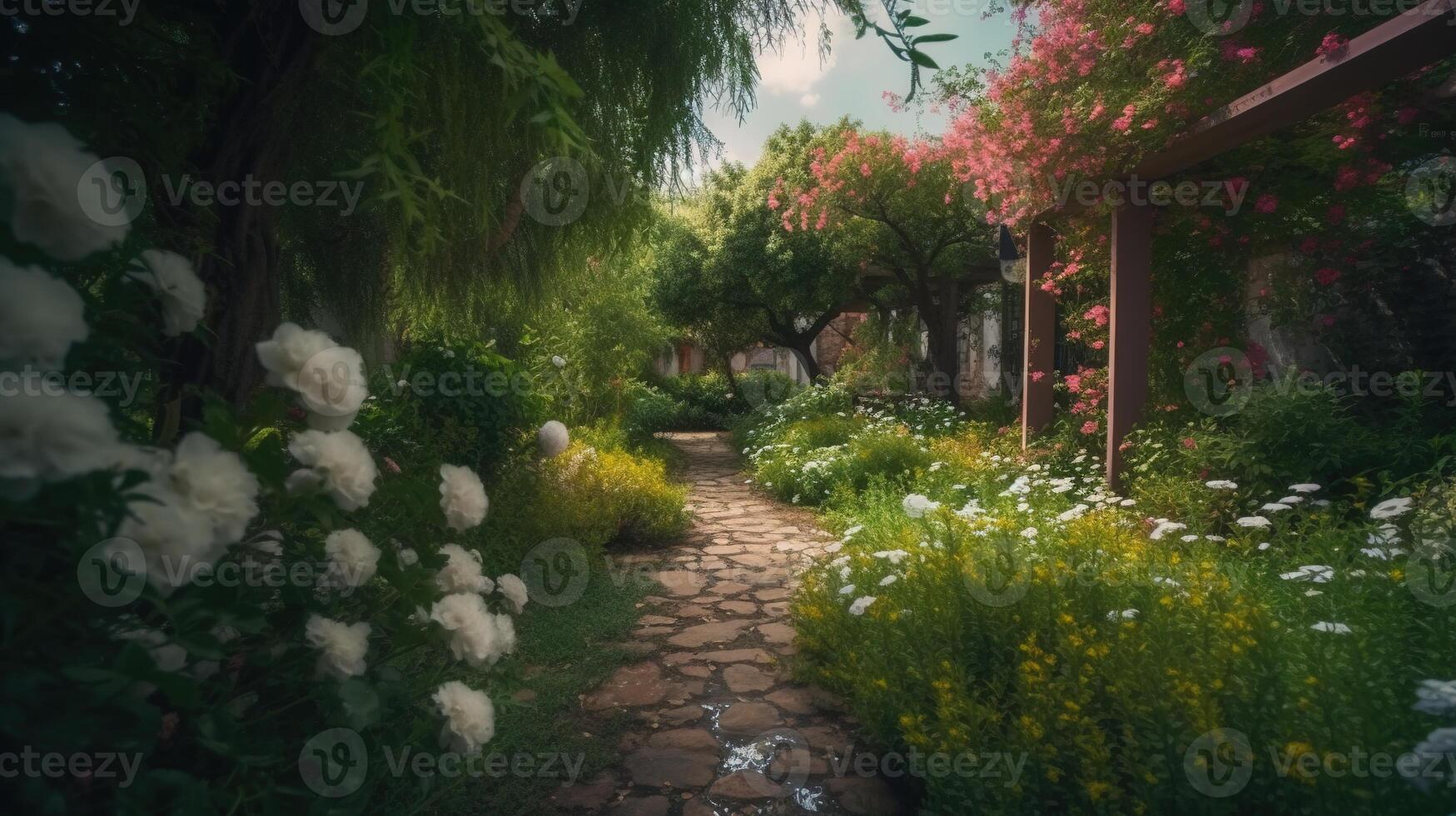 generativo ai, hermosa verano privado jardín con muchos flores y plantas, naturaleza paisaje, Inglés campo cabaña estilo foto