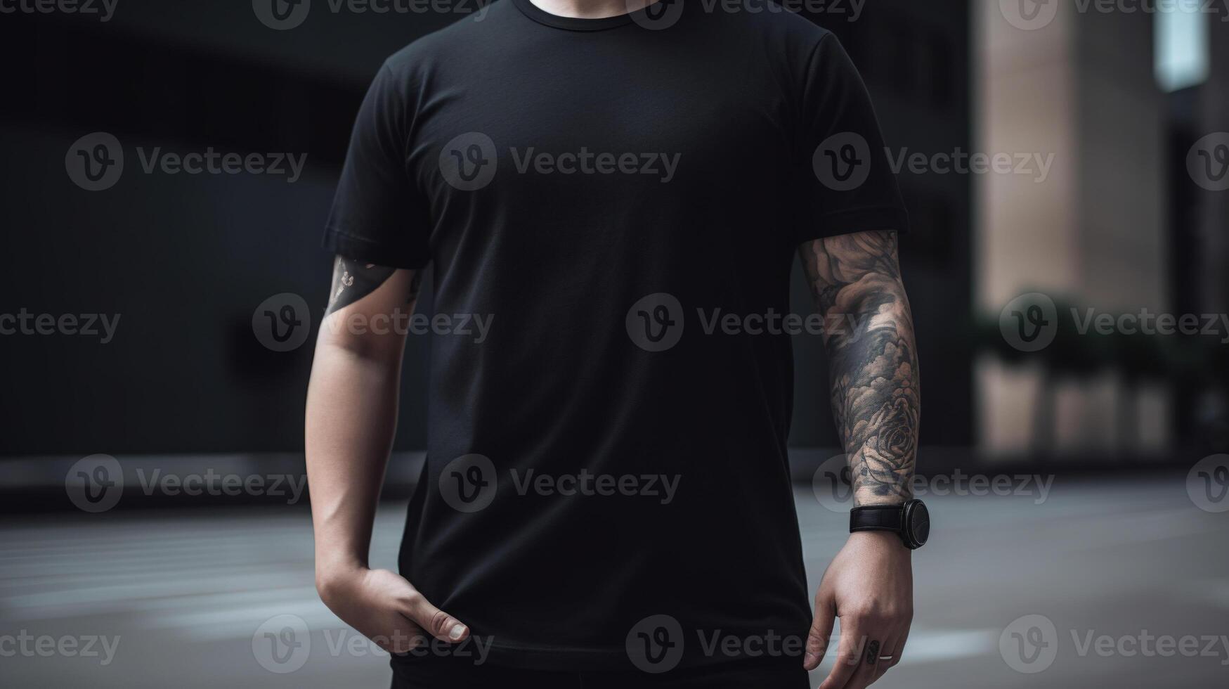 generativo ai, realista negro camiseta burlarse de arriba blanco poner en joven hombre, copyspace para presentación publicidad. blanco negocio concepto foto