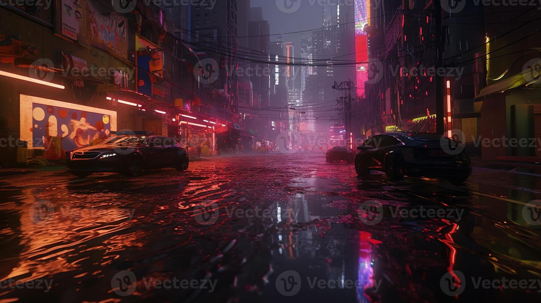 , Night scene of after rain city in cyberpunk style, futuristic nostalgic 80s, 90s. Neon lights vibrant colors, photorealistic horizontal illustration. photo