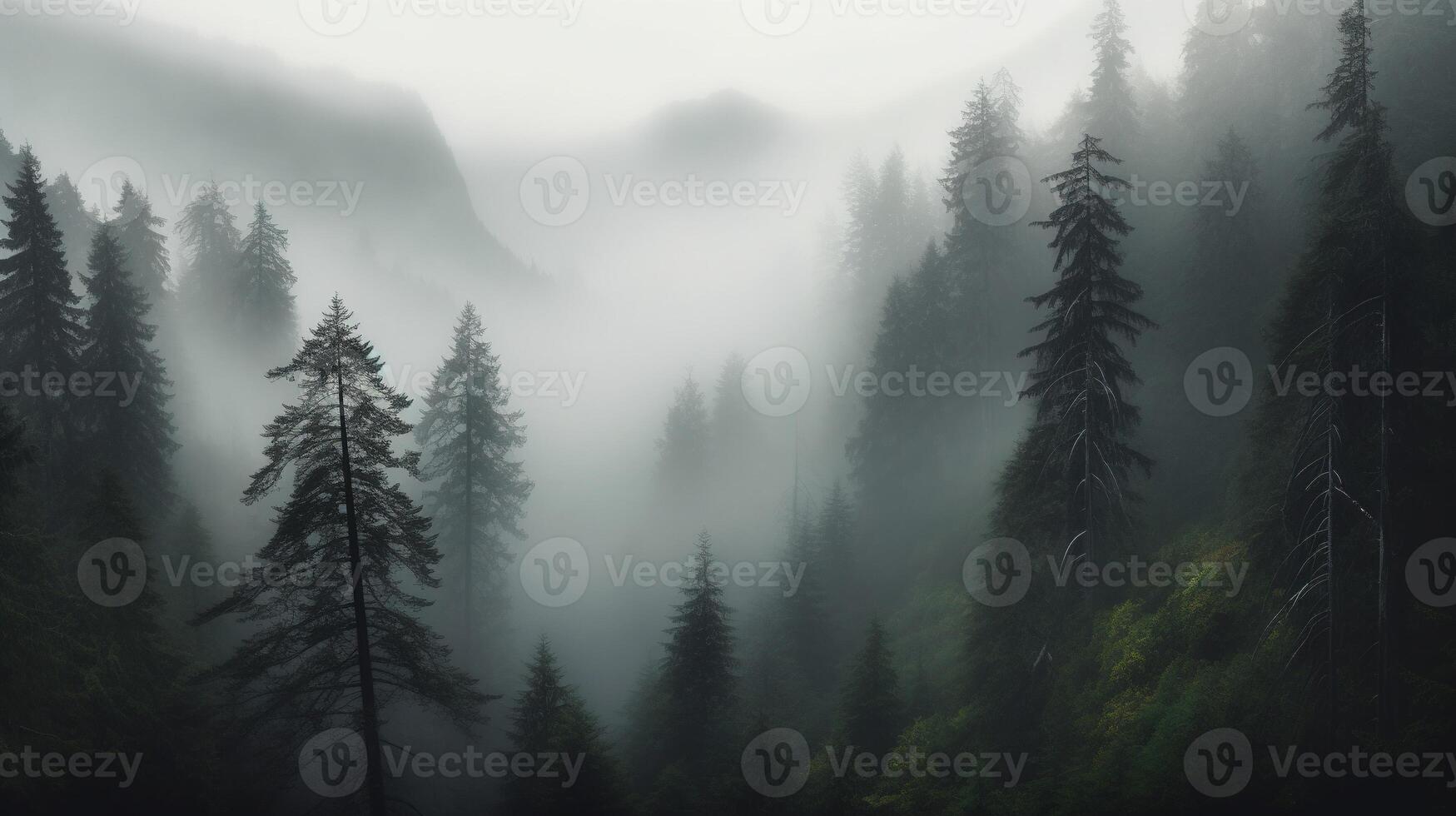 , Misty fir forest beautiful landscape in hipster vintage retro style, foggy mountains and trees photo