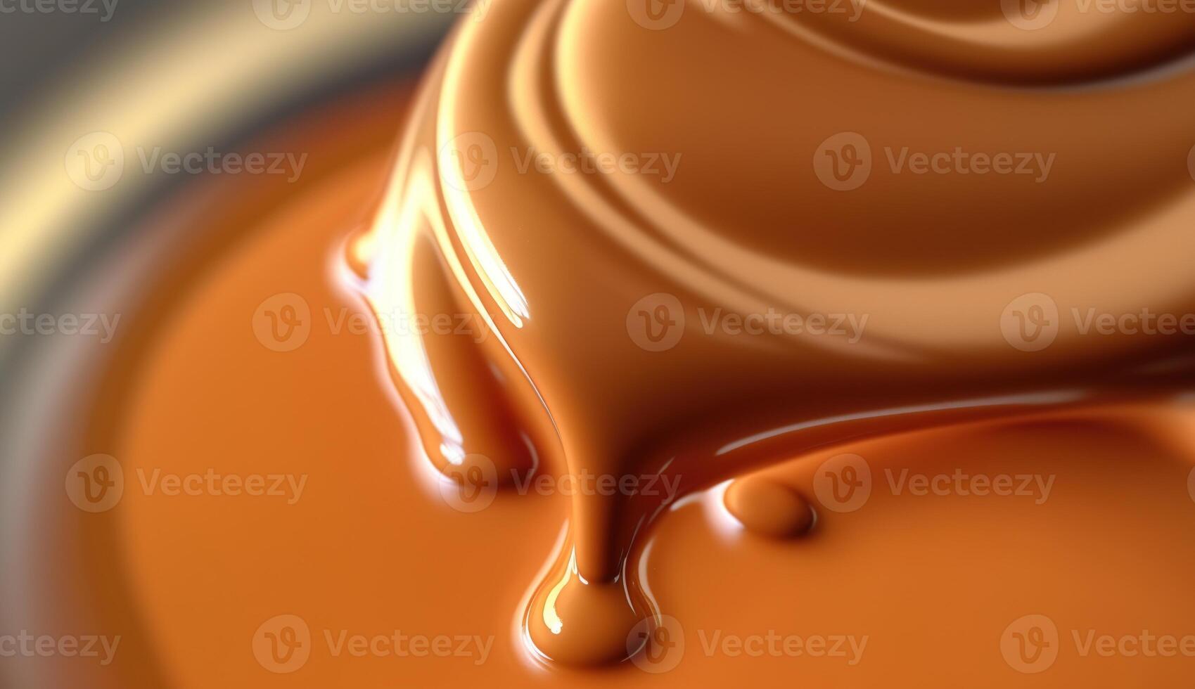 , Flowing liquid with splashes in apricot color. Glossy cream caramel fluid banner, 3D effect, modern macro photorealistic abstract background illustration. photo