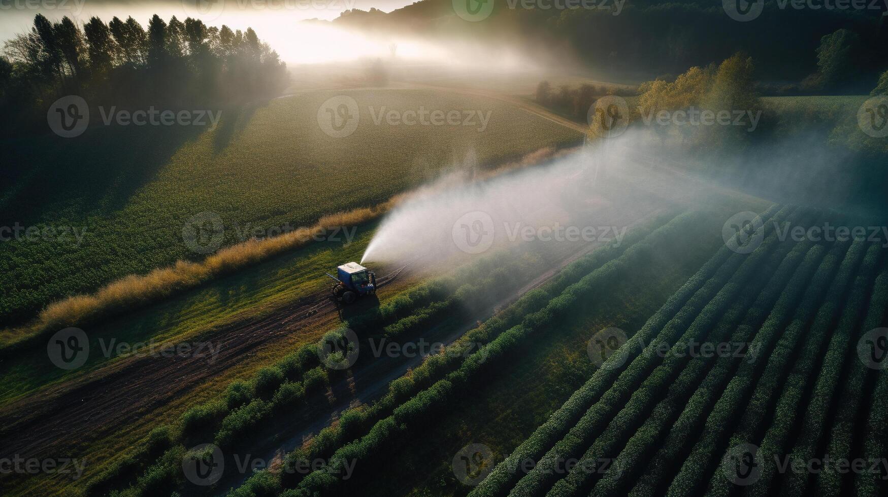 , Farm agriculture watered or pesticides spray green fields. Irrigation equipment system, aerial view photo