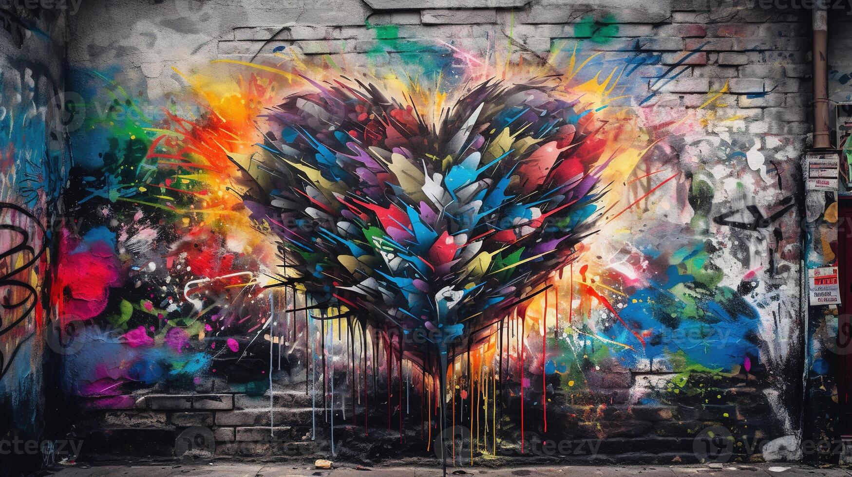 , Colorful heart as graffiti love symbol on the wall, street art. Melted paint. photo