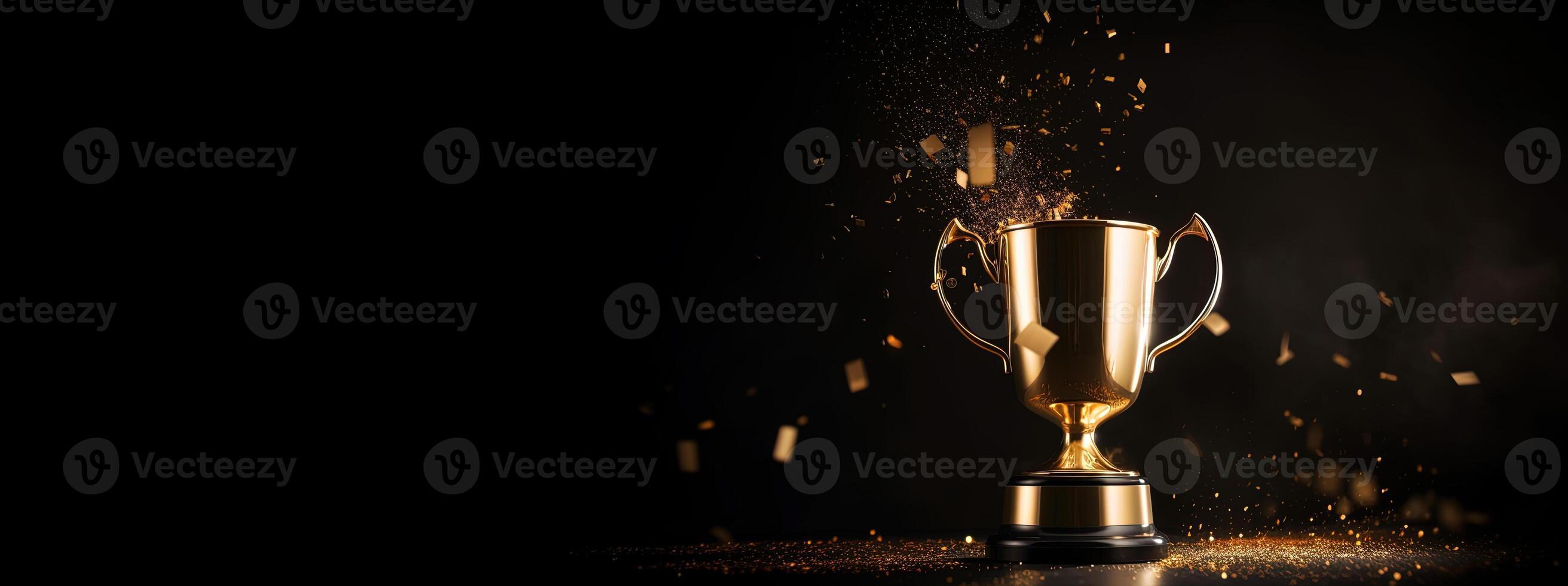 , Winner trophy with flames, golden champion cup with falling confetti on dark background photo