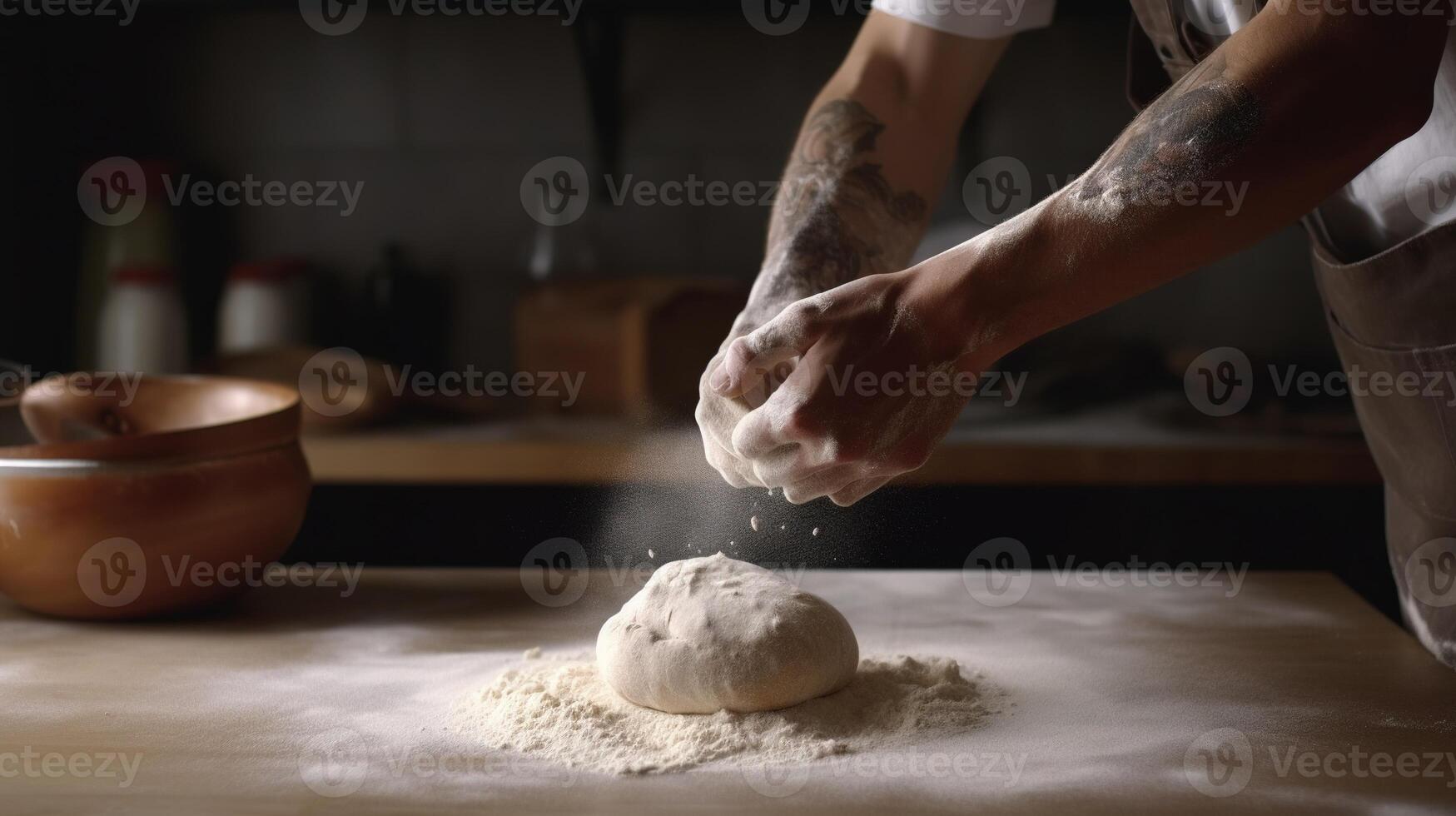 generativo ai, manos de panadero en restaurante o hogar cocina, prepara ecológicamente natural pasteles foto