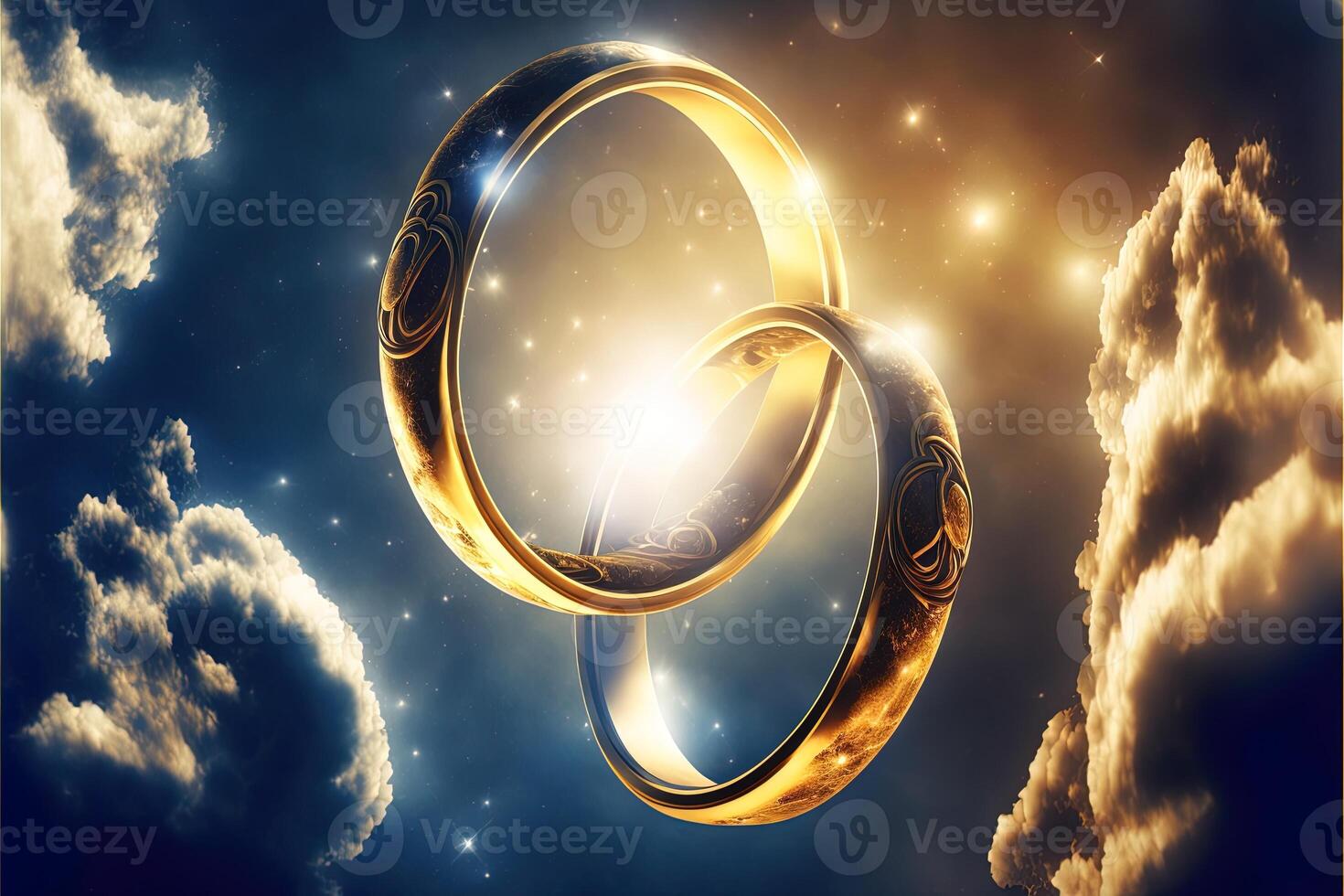 A pair of gold wedding rings floating in the sky. two wedding rings floating in the clouds with a sun in the background and a blue sky with clouds below them. . Wedding concept. photo