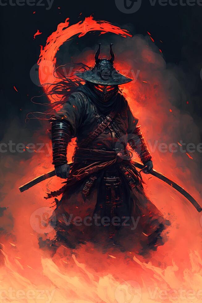A samurai in a demonic red mask on the battlefield makes a swing with a katana creating a sizzling fire ring around, he is a mystical martial. illustration painting photo