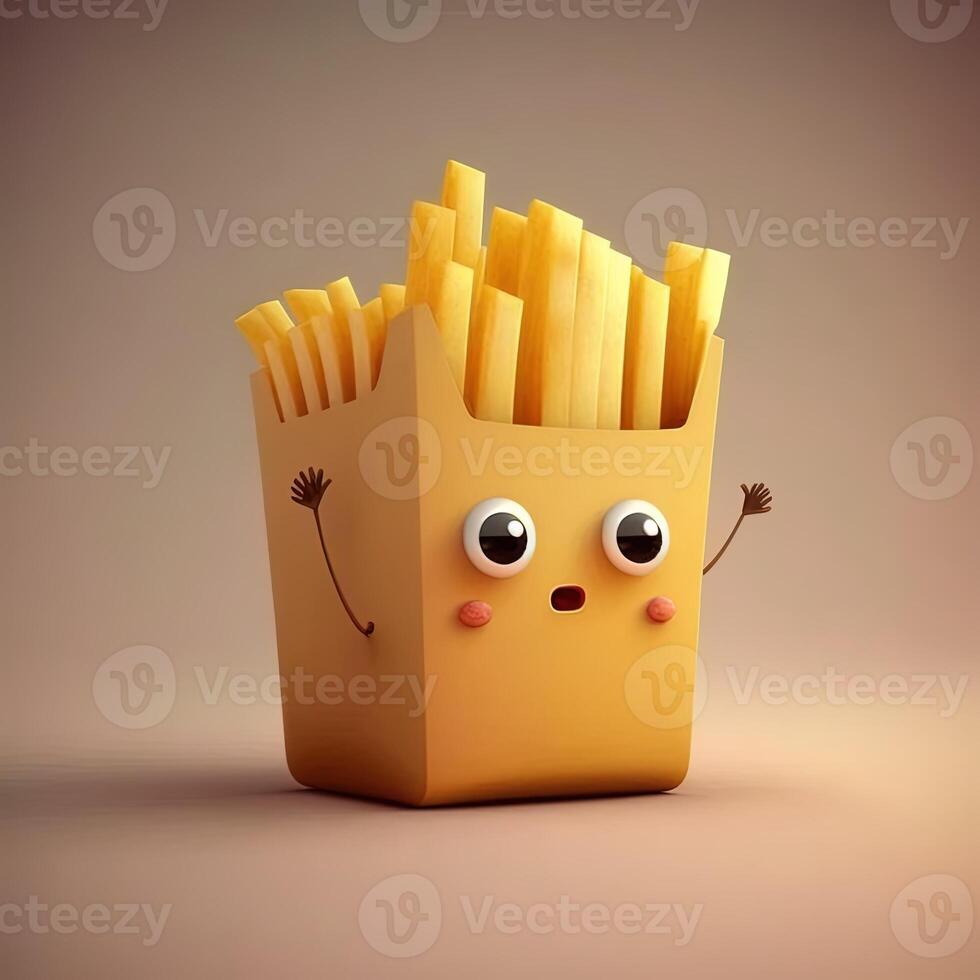 collection of happy, smiling, joyful cartoon style French fries characters for meal, dinner design. Cartoon French fries character for restaurant mascot. photo