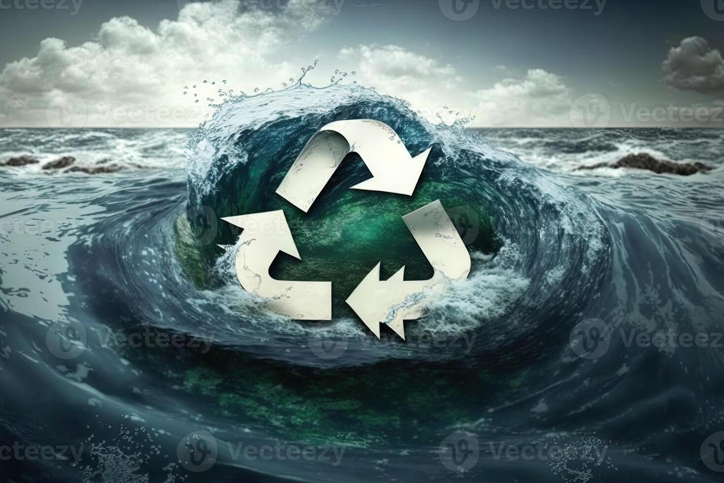 Recycle symbol in the ocean. Green energy concept, no more trash and plastic in sea. Save the ocean from garbage. Protecting the oceans and seas. Eco power photo