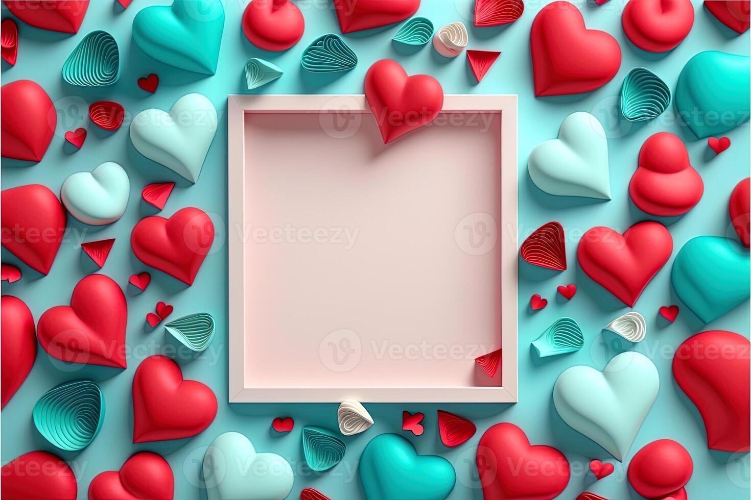 Valentine frame and banner. Red, blue, cyan, pink decoration. flat lay, romantic. Love and valentine day concept. photo