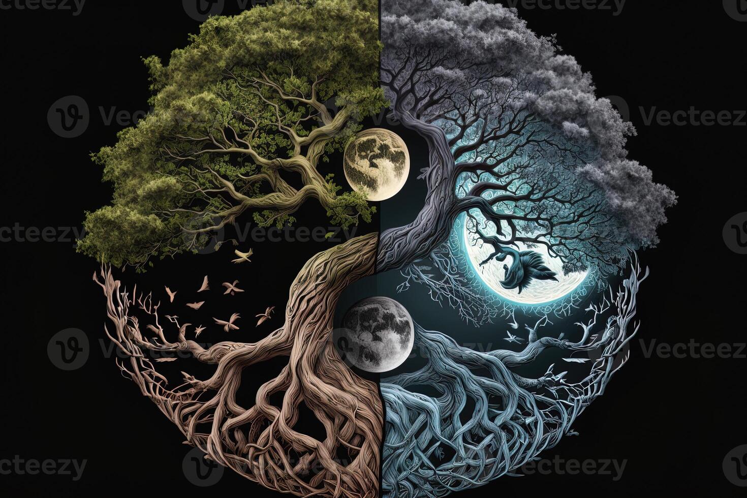 ying yang concepto de equilibrar yggdrasil árbol de vida nórdico mitología. equilibrar concepto. generativo ai foto