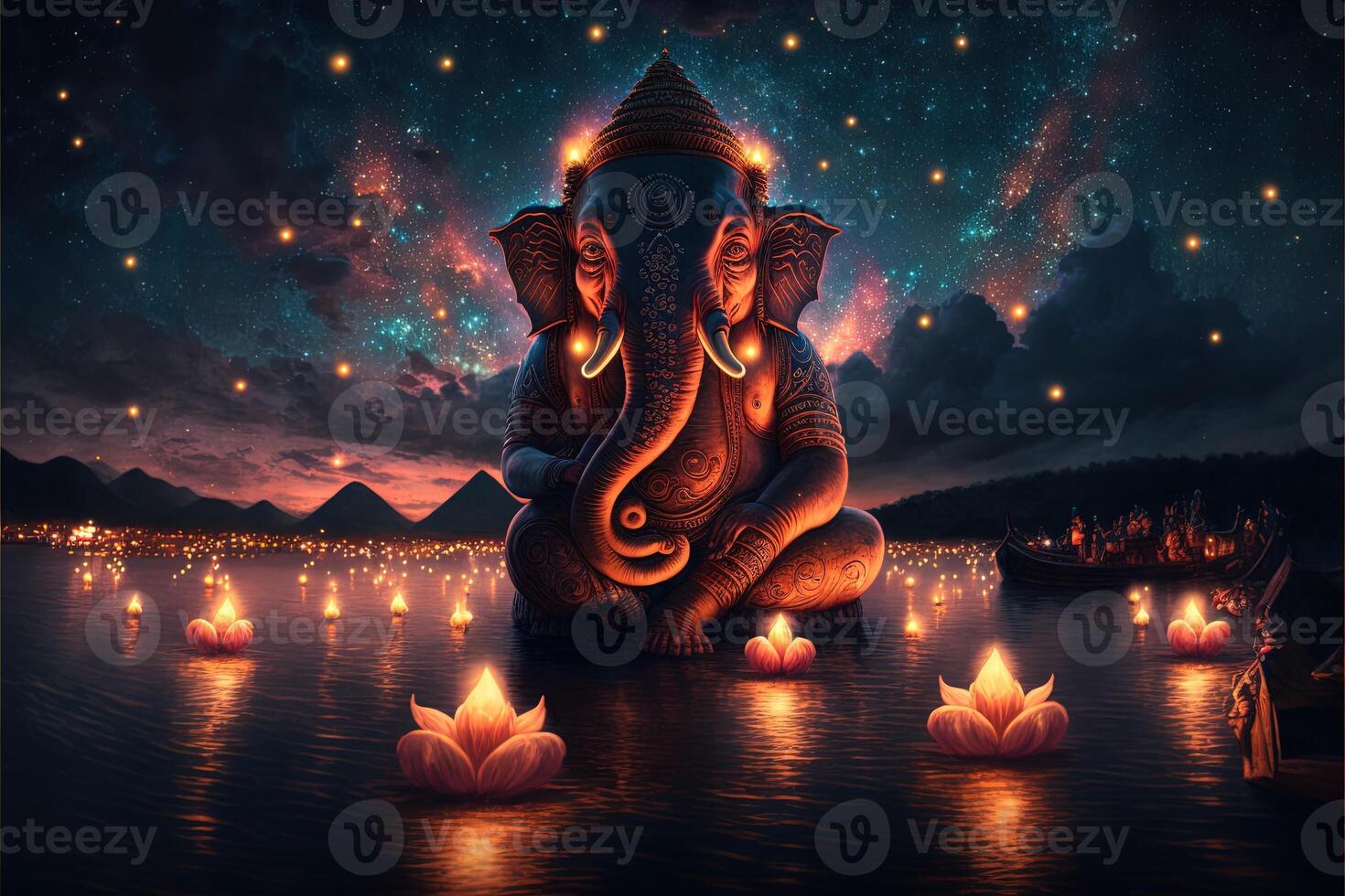 There are many galactic stars in the night sky of a huge massive GANESHA statue, with red lanterns rising in the sky, crowds watching the lantern festival. Ganesha Festival. photo