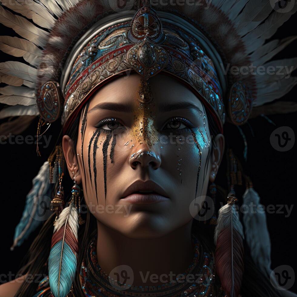 generativo ai nativo americano mujer en ceremonial cabeza vestido, reflexión de el silueta de tribal ancestros en su ojos. cerca arriba de vistoso vestido nativo mujer aislado en negro antecedentes. foto