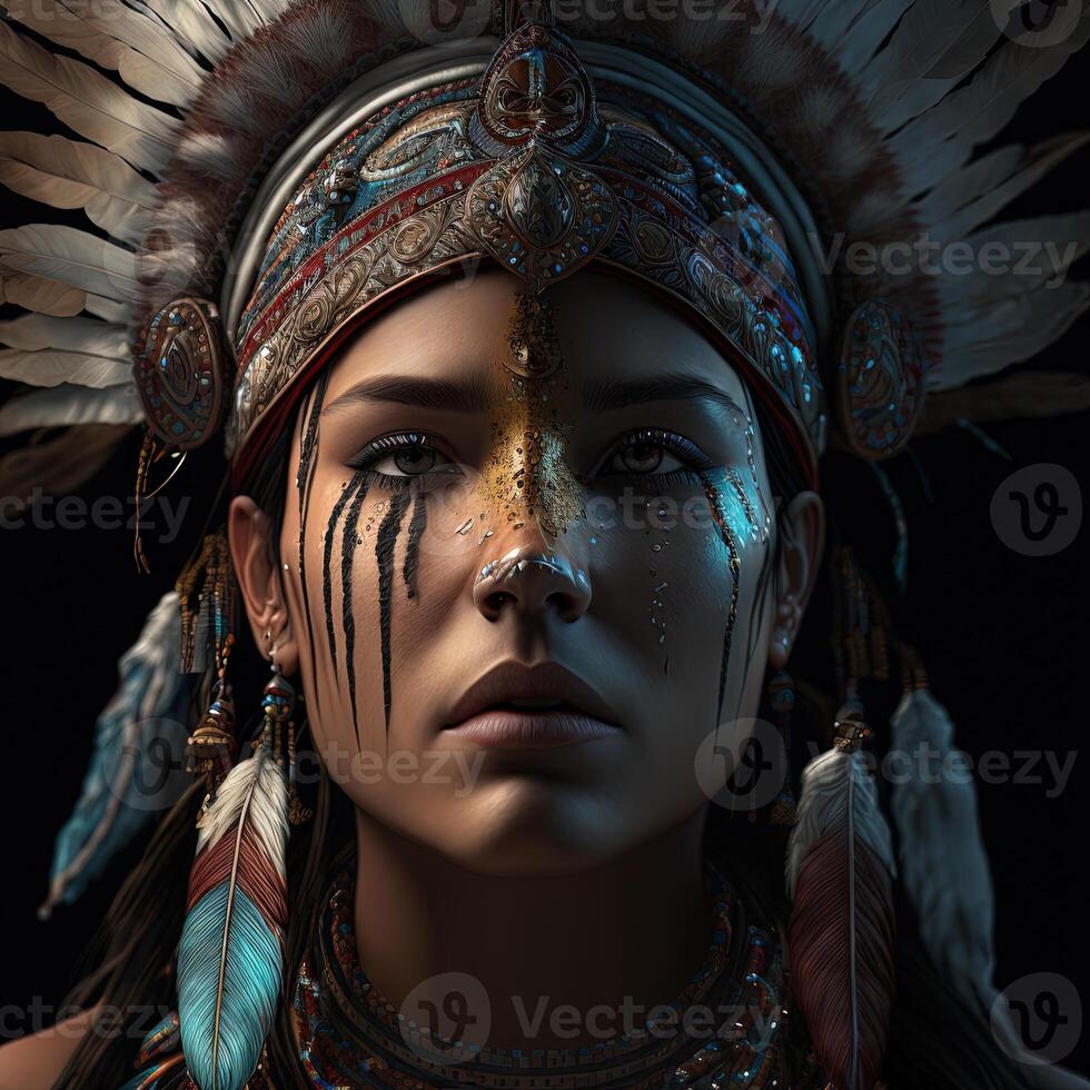 native american woman in ceremonial head dress, reflection of the silhouette of tribal ancestors in her eyes. Close up of colorful dressed native woman isolated on black background. photo