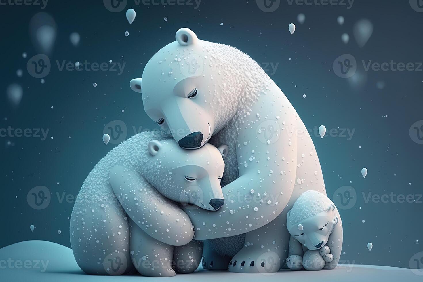 Two cute polar hug together in white snow background. Mother and baby polar bear cuddling as family in snow in winter. photo