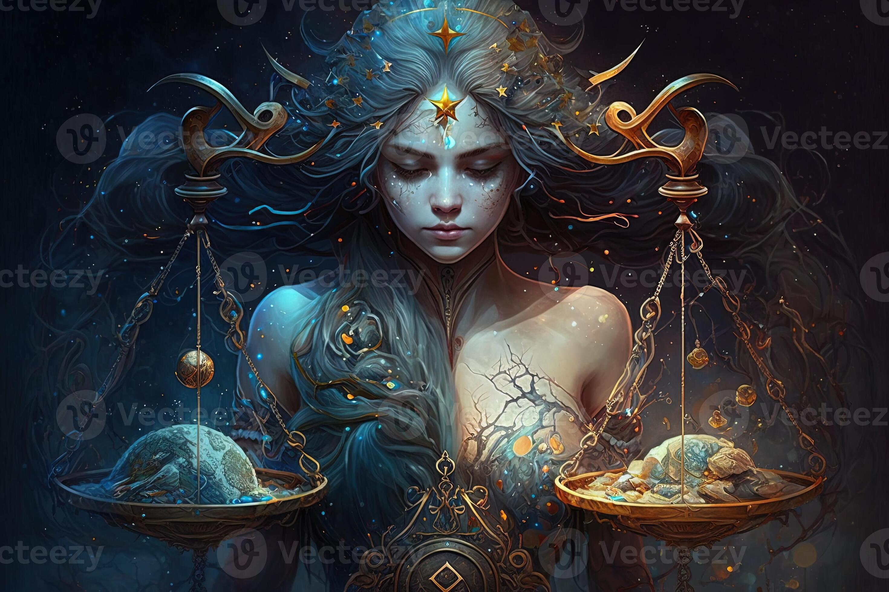 Backdrop of sacred zodiac Libra symbols, astrology, alchemy, magic