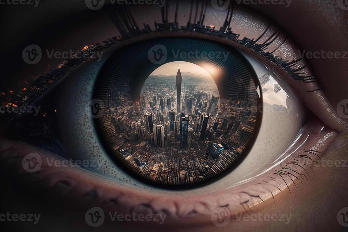 A photograph of a city from above inside the pupil of an eye realistic. Close-up Eye with a modern futuristic city inside it. Look for future. keep moving forward concept. photo