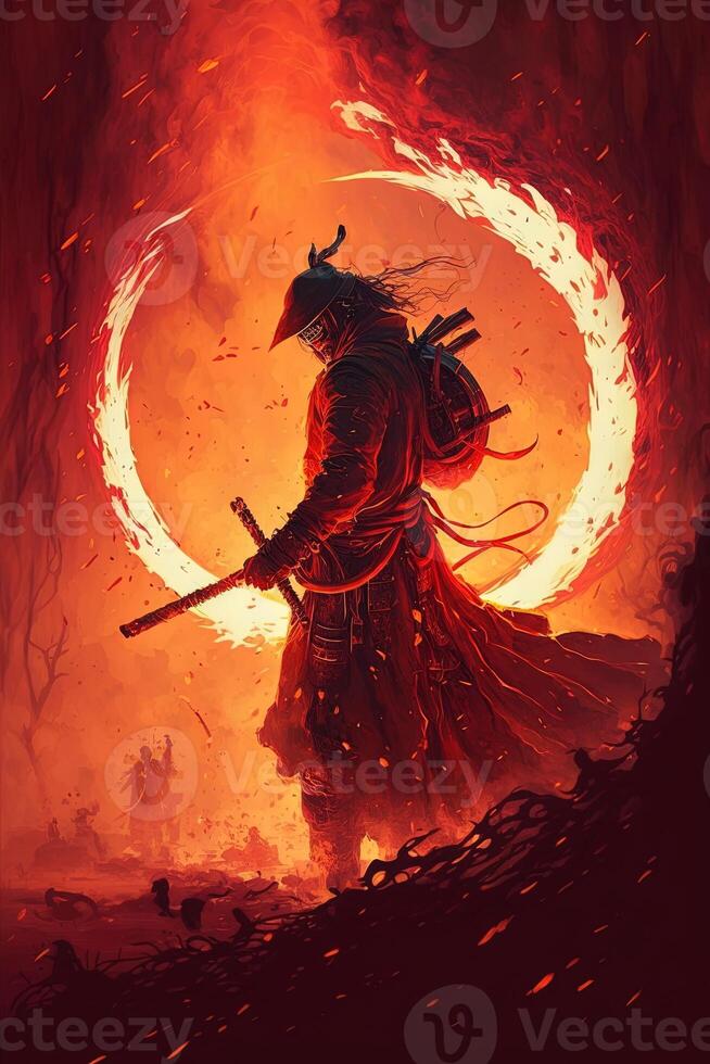 A samurai in a demonic red mask on the battlefield makes a swing with a katana creating a sizzling fire ring around, he is a mystical martial. illustration painting photo