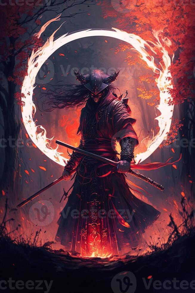 A samurai in a demonic red mask on the battlefield makes a swing with a katana creating a sizzling fire ring around, he is a mystical martial. illustration painting photo