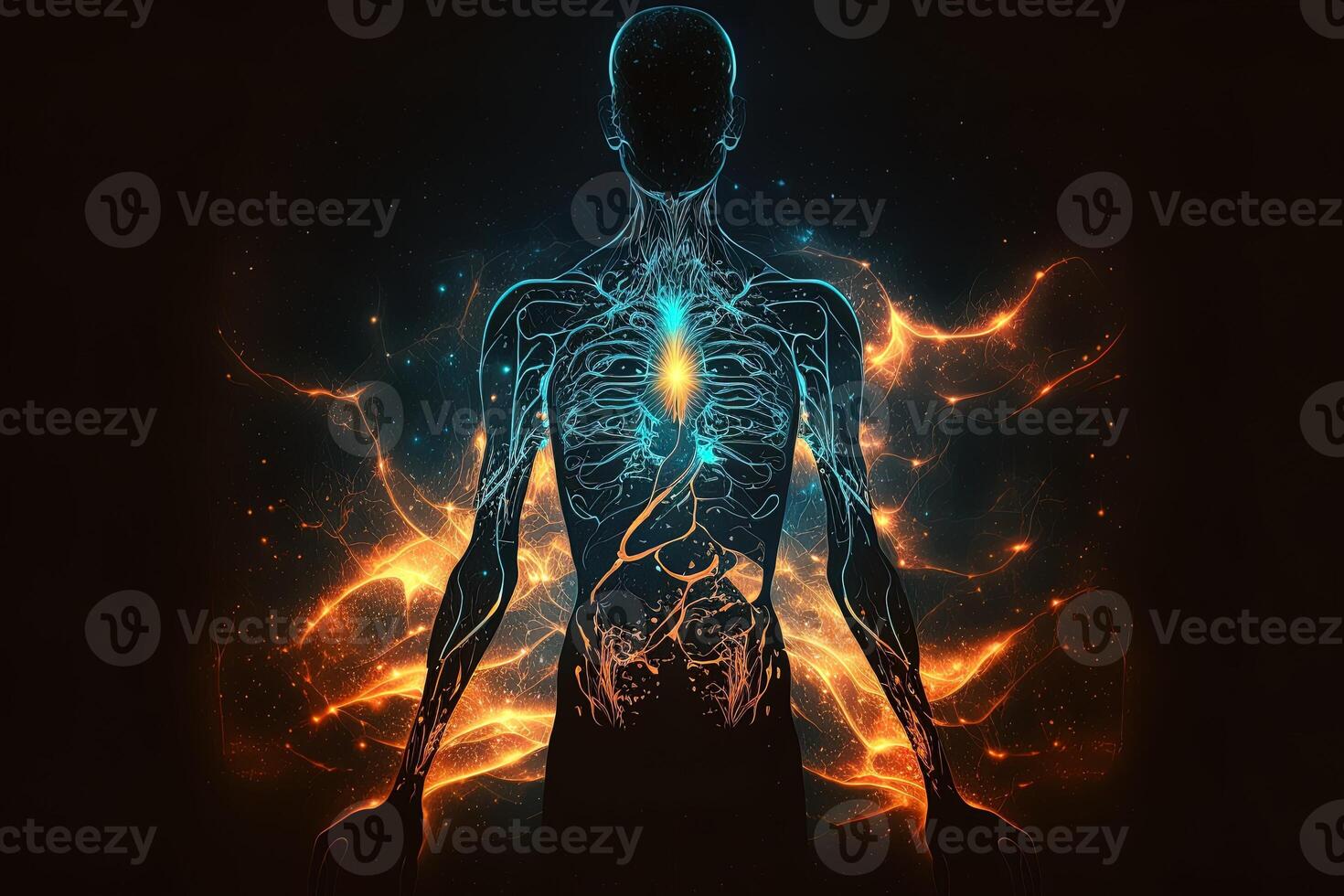 Astral body silhouette with abstract space background. Esoteric, spiritual life and meditation concept. Afterlife and connection with other worlds. Created with photo