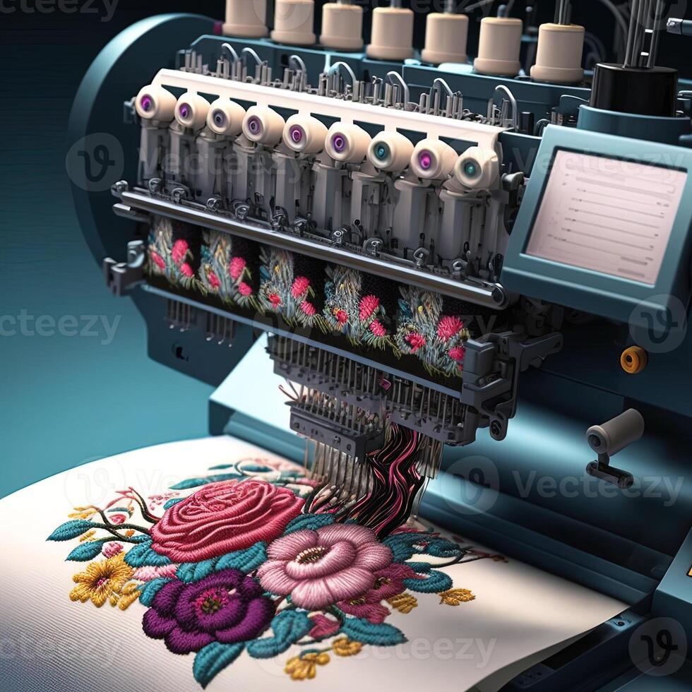 Modern and automatic high technology embroidery machine for textile or clothing apparel making manufacturing process in industrial. Close up Computerized embroidery machines. photo