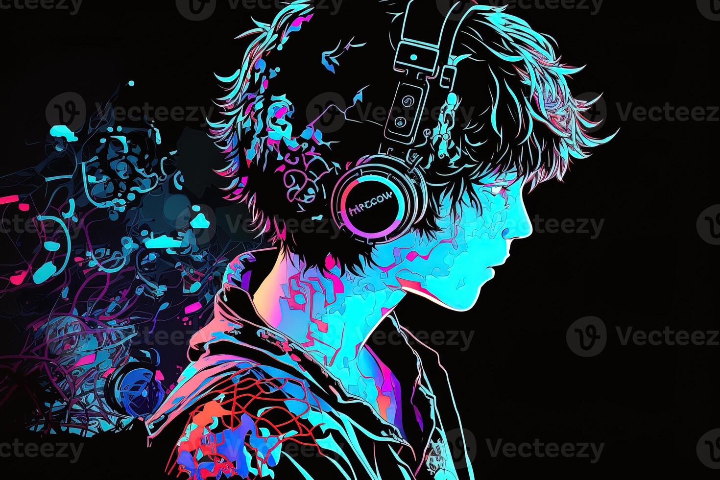 an neon gamer anime fashion boy or man wearing headphones, lost in his music. abstract background that evokes the feeling of different genres of music. banner music concept photo