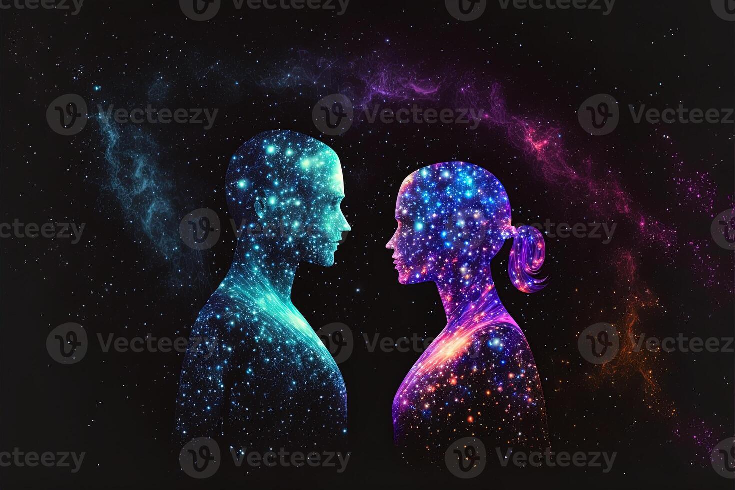 Man and woman silhouettes at abstract cosmic background. Human souls couple in love. Astral body, esoteric and spiritual life concept photo