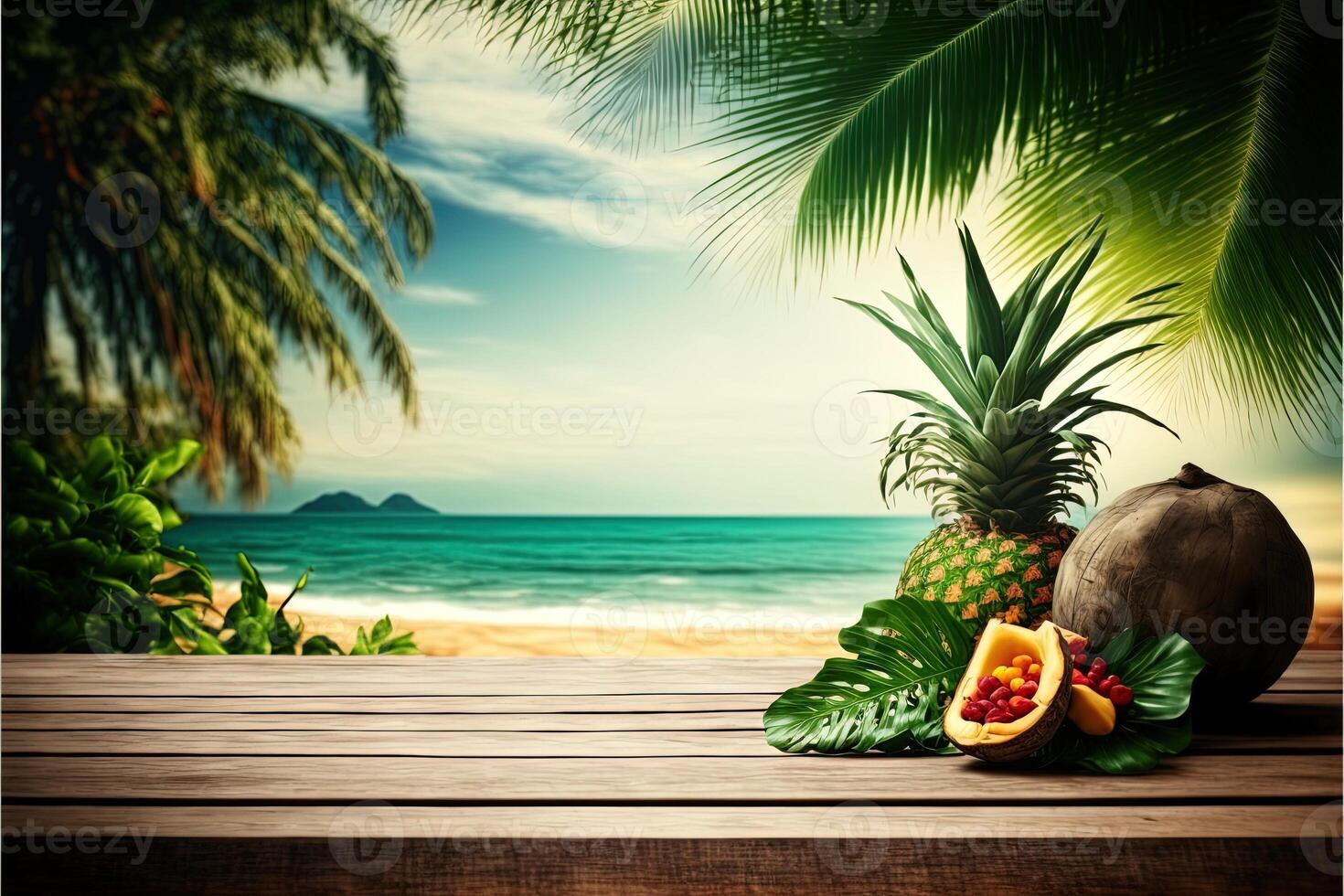 Tropical beach background with a wooden table on the forefront and lush vegetation with lots of copy space, perfect for editing with your product. Empty ready for your product display. photo