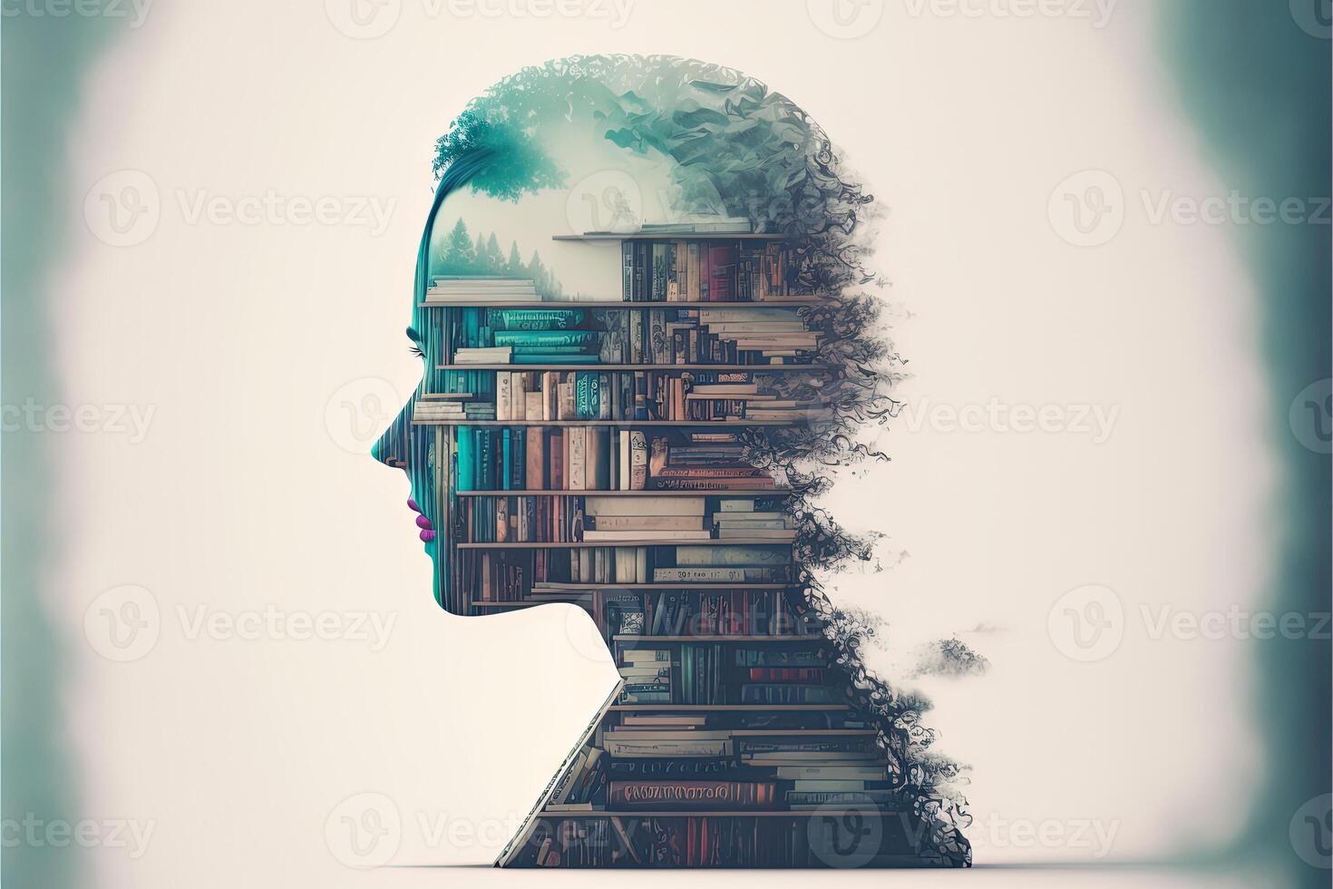 a bookshelf full of books, double exposure young woman blended image, front profile on white background. Creative ideas, knowledge and skills of person in social network. photo