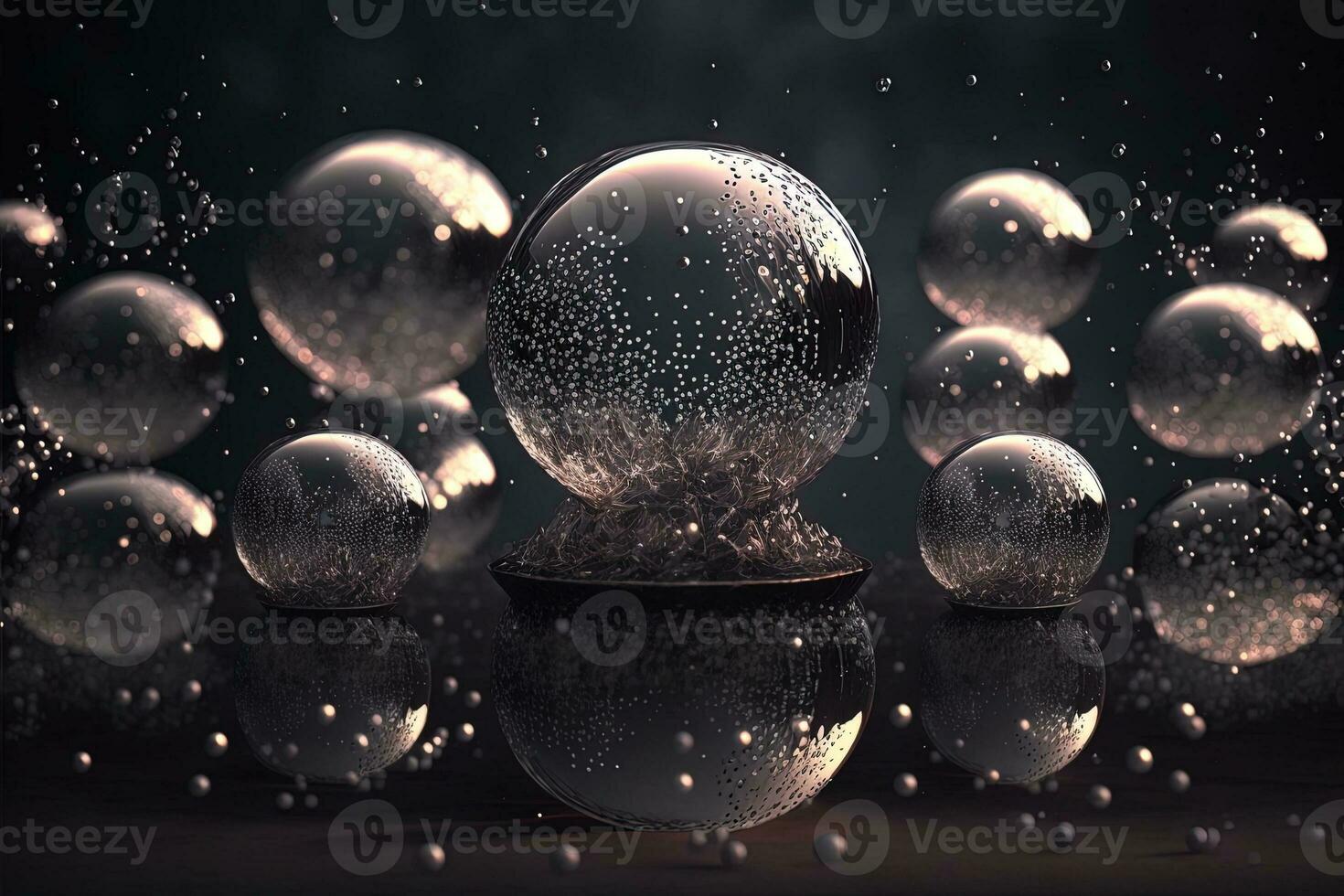 Christmas white decorations on snow with fir tree branches. Winter Decoration Background. Focus of tiny liquid mirror balls falling from the sky , each containing a tiny perfect city inside photo