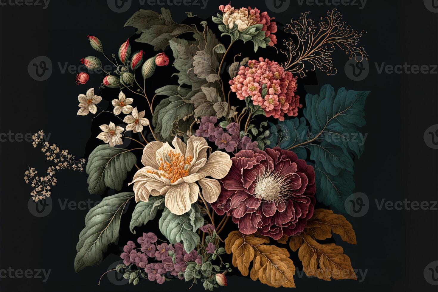 beautiful fantasy vintage wallpaper botanical flower bunch,vintage motif for floral print. photo