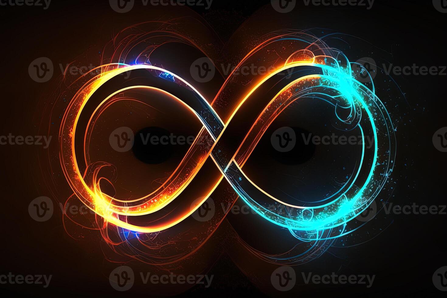 glowing neon infinity symbol in the night. . Infinity, eternity, infinite, endless, loop symbols. photo